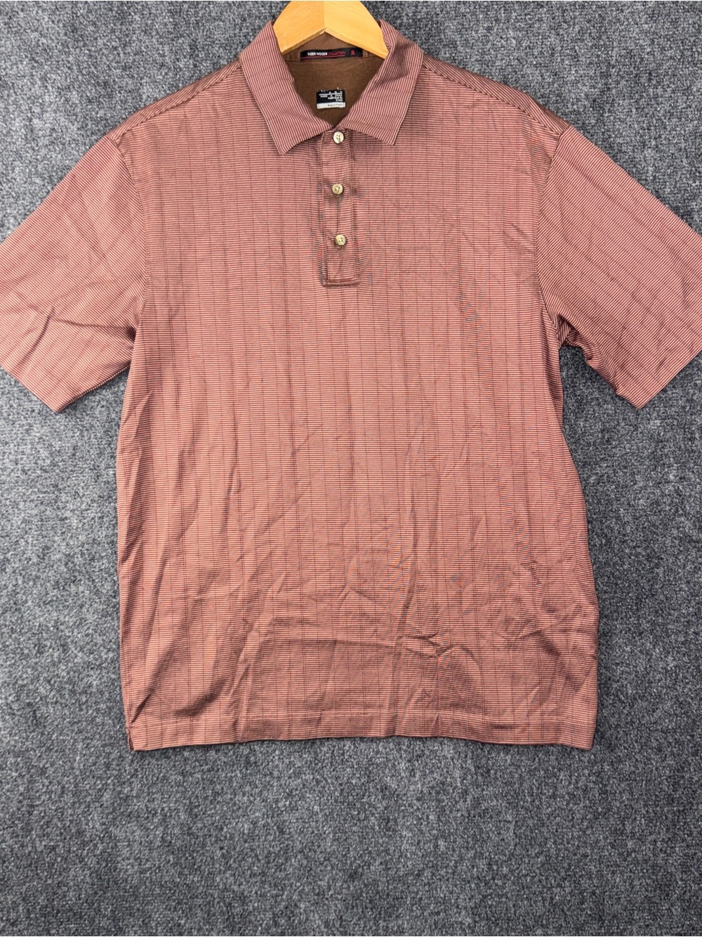 Nike Tiger Woods Polo Shirt Mens Medium Brown Stripe Golf FITDRY Performance